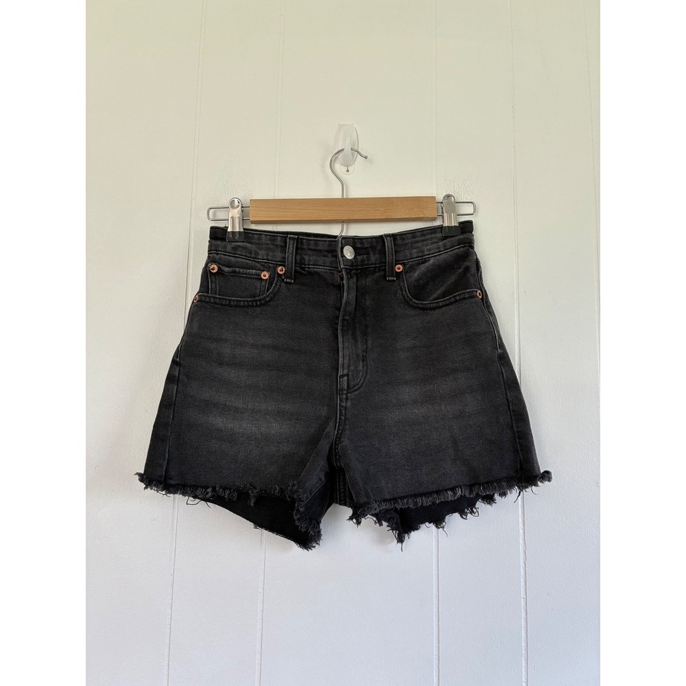 American‎ Eagle Womens High Waisted Black Denim Shorts Raw Hem Stretch Size 00